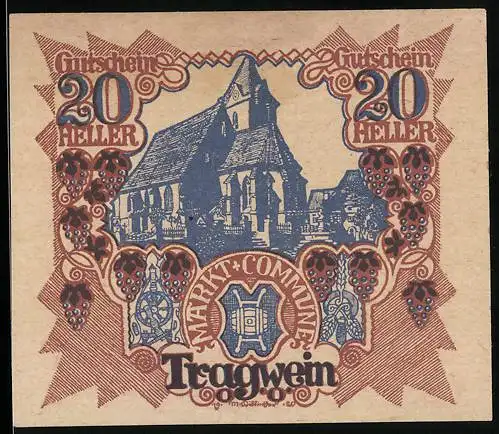 Notgeld Tragwein 1920, 20 Heller, Kirche und Traubenmotiv, Wappen der Marktkommune