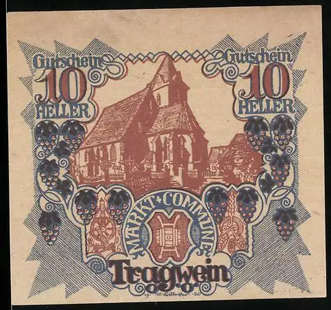 Notgeld Tragwein 1920, 10 Heller, Kirche und Wappen mit Traubenmotiven