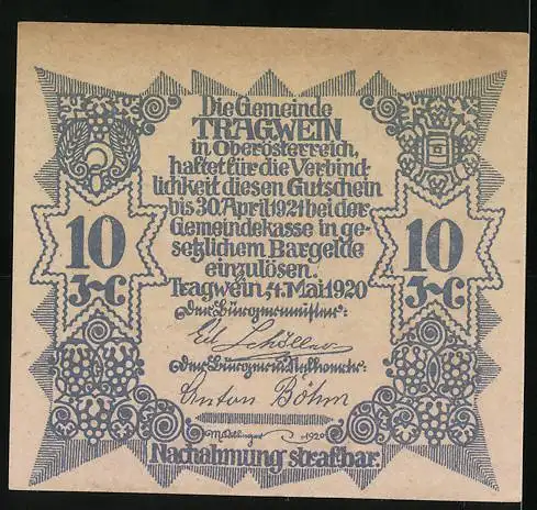 Notgeld Tragwein 1920, 10 Heller, Kirche und Wappen mit Traubenmotiven