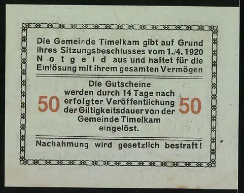 Notgeld Timelkam 1920, 50 Heller, Kamele und Reiter vor Turm