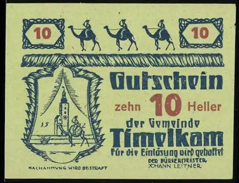 Notgeld Timelkam 1920, 10 Heller, Kamele und Turm-Motiv, Gutschein der Gemeinde