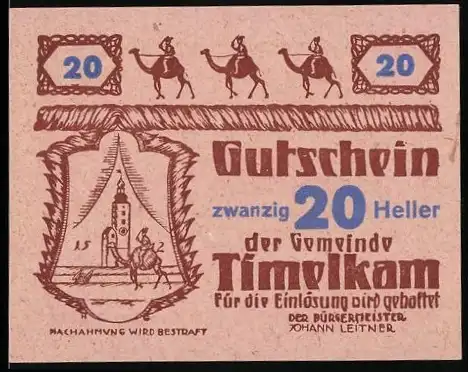 Notgeld Timelkam 1920, 20 Heller, Karawanen und Stadttor-Motiv