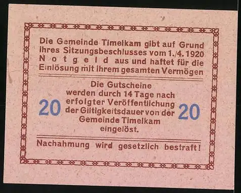 Notgeld Timelkam 1920, 20 Heller, Karawanen und Stadttor-Motiv