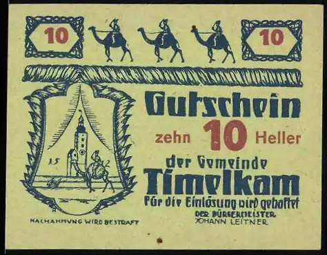 Notgeld Timelkam 1920, 10 Heller, Kamele und Turm-Motiv