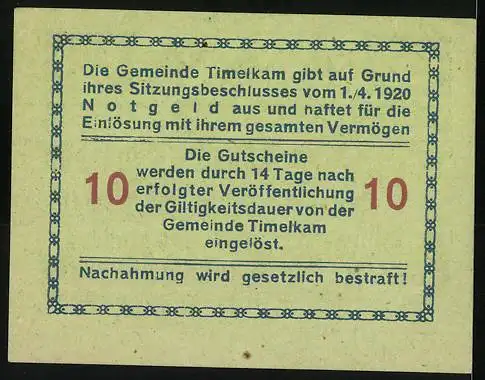 Notgeld Timelkam 1920, 10 Heller, Kamele und Turm-Motiv