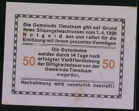 Notgeld Timelkam 1920, 50 Heller, drei Kamele und Reiter vor Kirchturm, von Bürgermeister Johann Leitner