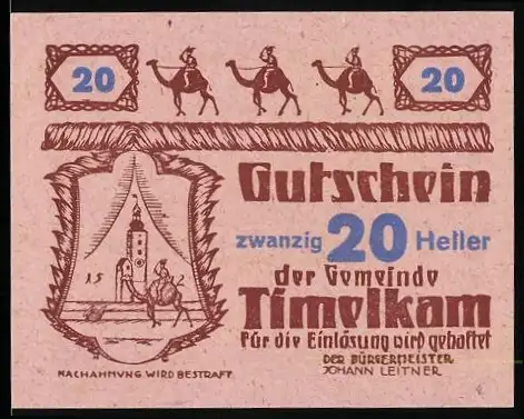 Notgeld Timelkam 1920, 20 Heller, Karawanen und Turmmotiv, Bürgermeister Johann Leitner