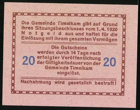 Notgeld Timelkam 1920, 20 Heller, Karawanen und Turmmotiv, Bürgermeister Johann Leitner