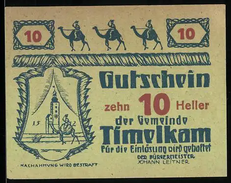 Notgeld Timelkam 1920, 10 Heller, Kamele und Wappen, Ausgabe der Gemeinde Timelkam