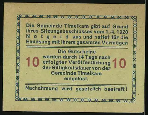 Notgeld Timelkam 1920, 10 Heller, Kamele und Wappen, Ausgabe der Gemeinde Timelkam