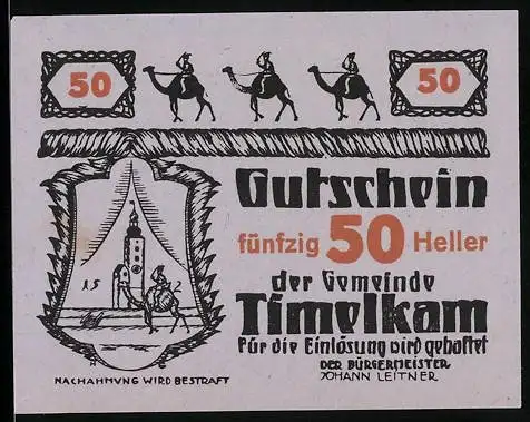 Notgeld Timelkam 1920, 50 Heller, Reiter und Kamele, Turm im Wappen