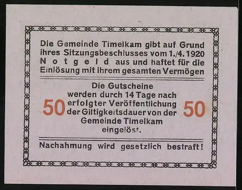 Notgeld Timelkam 1920, 50 Heller, Reiter und Kamele, Turm im Wappen