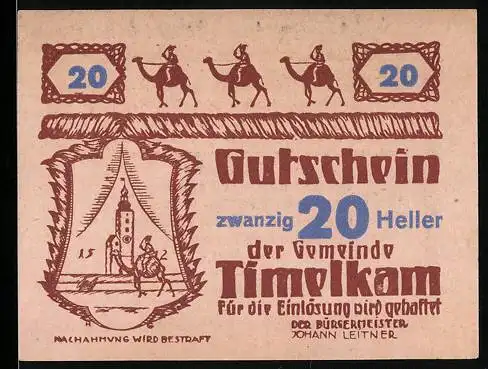 Notgeld Timelkam 1920, 20 Heller, Kamelreiter und Gemeindewappen