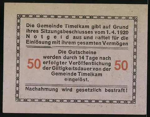 Notgeld Timelkam 1920, 50 Heller, Kamele und Reiter, Johann Leitner, Bürgermeister