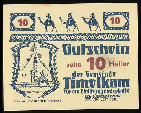 Notgeld Timelkam 1920, 10 Heller, Kamele und Stadtwappen, Bürgermeister Johann Leitner