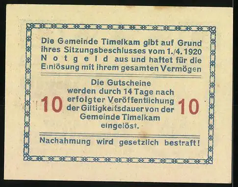 Notgeld Timelkam 1920, 10 Heller, Kamele und Stadtwappen, Bürgermeister Johann Leitner