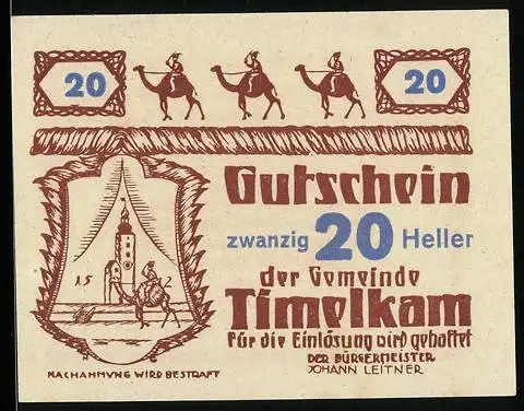 Notgeld Timelkam 1920, 20 Heller, Kamele und Reiter-Motiv, Bürgermeister Johann Leitner