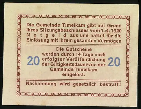 Notgeld Timelkam 1920, 20 Heller, Kamele und Reiter-Motiv, Bürgermeister Johann Leitner