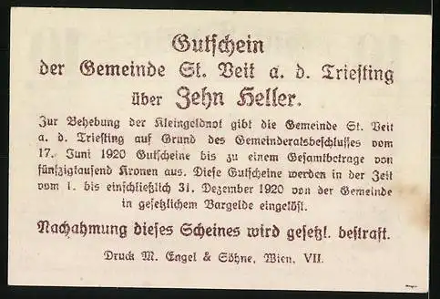 Notgeld St. Veit a.d. Triesting 1920, 10 Heller, Dorfansicht