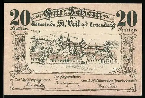 Notgeld St. Veit a.d. Triesting 1920, 20 Heller, Dorflandschaft und Text über Ausgabebedingungen