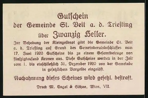 Notgeld St. Veit a.d. Triesting 1920, 20 Heller, Dorflandschaft und Text über Ausgabebedingungen