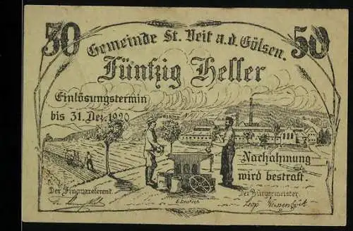 Notgeld St. Veit a.d. Gölsen 1920, 50 Heller, ländliche Szene mit Landwirtschaft und Industrie im Hintergrund