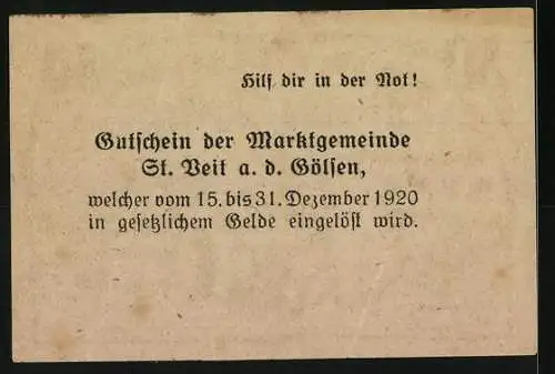 Notgeld St. Veit a.d. Gölsen 1920, 50 Heller, ländliche Szene mit Landwirtschaft und Industrie im Hintergrund