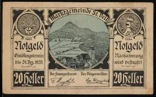 Notgeld St. Veit a.d. Gölsen 1920, 20 Heller, Landschaftsmotiv und Wappen, Einlösungstermin 31. Dezember 1920