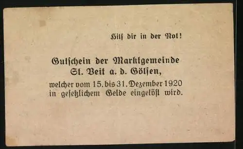 Notgeld St. Veit a.d. Gölsen 1920, 20 Heller, Landschaftsmotiv und Wappen, Einlösungstermin 31. Dezember 1920