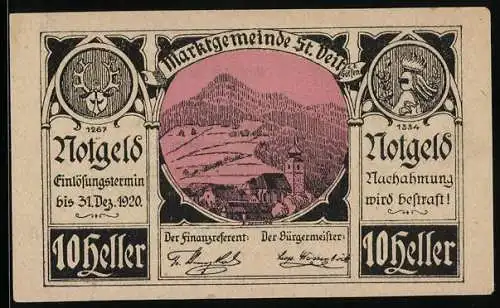 Notgeld St. Veit a.d. Gölsen 1920, 10 Heller, Gebirgslandschaft mit Kirche, Seriennummer 1267, Wappen und Schriftzug