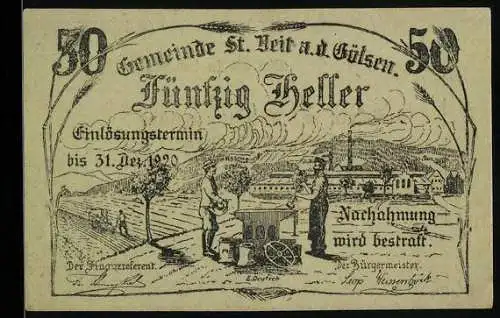 Notgeld St. Veit a.d. Gölsen 1920, 50 Heller, Landschaft mit Bauern und Stadtansicht, Einlösungstermin bis 31. Dez. 1920