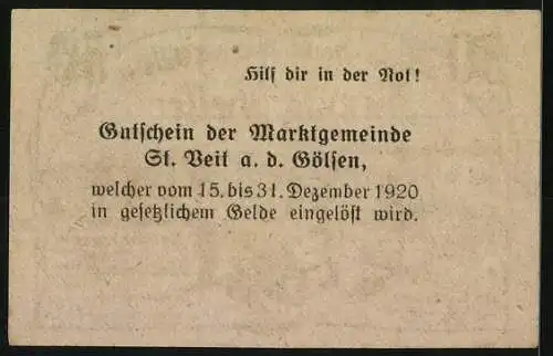 Notgeld St. Veit a.d. Gölsen 1920, 50 Heller, Landschaft mit Bauern und Stadtansicht, Einlösungstermin bis 31. Dez. 1920