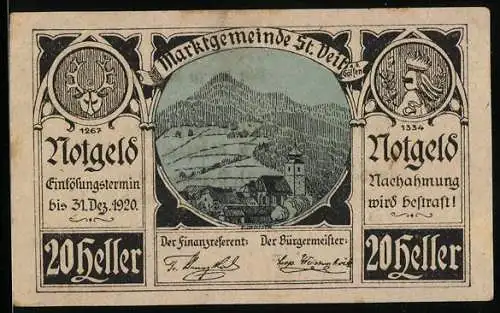 Notgeld St. Veit a.d. Gölsen 1920, 20 Heller, Landschaftsansicht mit zwei Wappen und Unterschriften