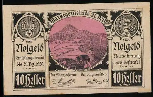 Notgeld St. Veit a.d. Gölsen 1920, 10 Heller, Landschaft mit Kirche und Bergen, Seriennummer 1267, Wappen und Siegel