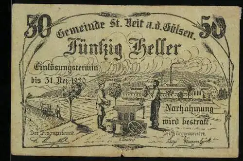 Notgeld St. Veit a.d. Gölsen 1920, 50 Heller, ländliche Szene mit Fabrik und Arbeitern