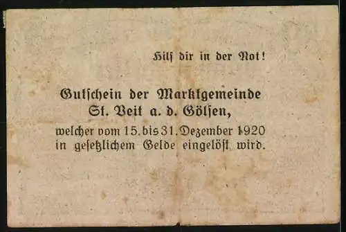 Notgeld St. Veit a.d. Gölsen 1920, 50 Heller, ländliche Szene mit Fabrik und Arbeitern