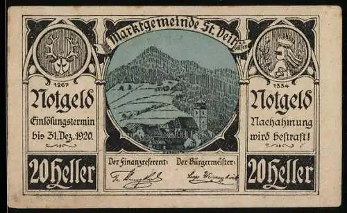 Notgeld St. Veit a.d. Gölsen 1920, 20 Heller, Landschaftsmotiv mit Wappen und zwei Porträts