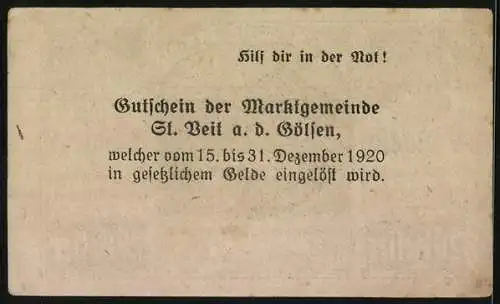 Notgeld St. Veit a.d. Gölsen 1920, 20 Heller, Landschaftsmotiv mit Wappen und zwei Porträts