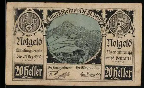 Notgeld St. Veit a.d. Gölsen 1920, 20 Heller, Landschaftsmotiv mit Wappen und Einlösungstermin