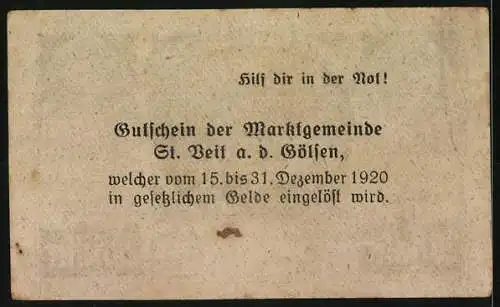 Notgeld St. Veit a.d. Gölsen 1920, 20 Heller, Landschaftsmotiv mit Wappen und Einlösungstermin