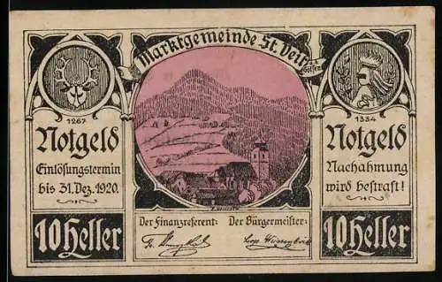 Notgeld St. Veit a.d. Gölsen 1920, 10 Heller, Landschaftsmotiv mit Wappen und Seriendruck, Einlösung bis 31. Dez. 1920