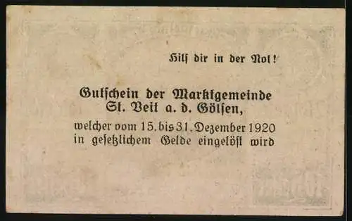 Notgeld St. Veit a.d. Gölsen 1920, 10 Heller, Landschaftsmotiv mit Wappen und Seriendruck, Einlösung bis 31. Dez. 1920