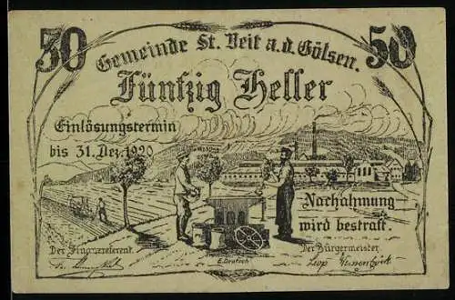 Notgeld St. Veit a.d. Gölsen 1920, 50 Heller, ländliche Szene mit Bauern und Landschaft