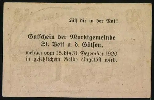 Notgeld St. Veit a.d. Gölsen 1920, 50 Heller, ländliche Szene mit Bauern und Landschaft