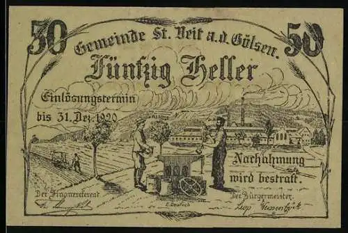 Notgeld St. Veit a.d. Gölsen 1920, 50 Heller, ländliche Szene mit Bauern und Landschaft, Einlösungsdatum bis 31. Dez.