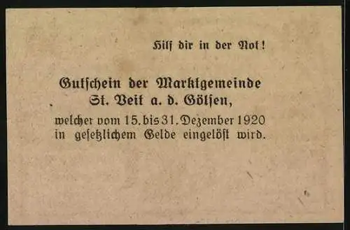 Notgeld St. Veit a.d. Gölsen 1920, 50 Heller, ländliche Szene mit Bauern und Landschaft, Einlösungsdatum bis 31. Dez.