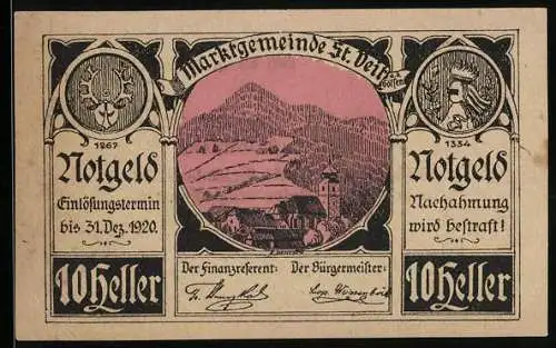 Notgeld St. Veit a.d. Gölsen 1920, 10 Heller, Landschaftsmotiv mit Berg und Kirche, Seriennummer 1267, 1334, Wappen