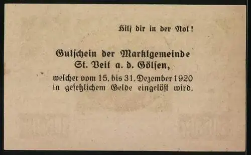 Notgeld St. Veit a.d. Gölsen 1920, 10 Heller, Landschaftsmotiv mit Berg und Kirche, Seriennummer 1267, 1334, Wappen