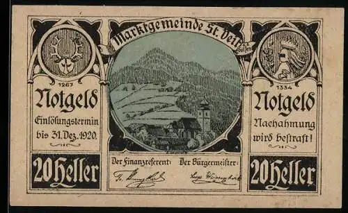 Notgeld St. Veit a.d. Gölsen 1920, 20 Heller, Berglandschaft, Wappen und Siegel, Einlösefrist 31. Dez. 1920