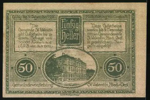 Notgeld St. Valentin 1920, 50 Heller, Kirche und Fabrik, Verwaltungsgebäude, gültig bis Dezember 1920